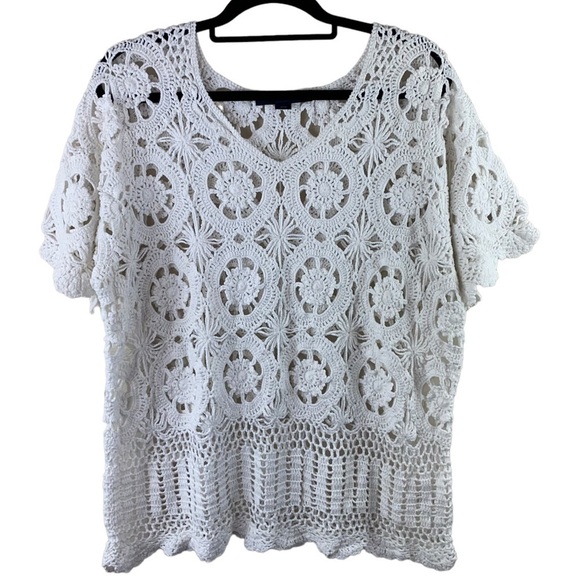 Denim 24/7 Sweaters - Denim 24/7 White Crocheted Scalloped Hem Lightweight Open Knit Sweater